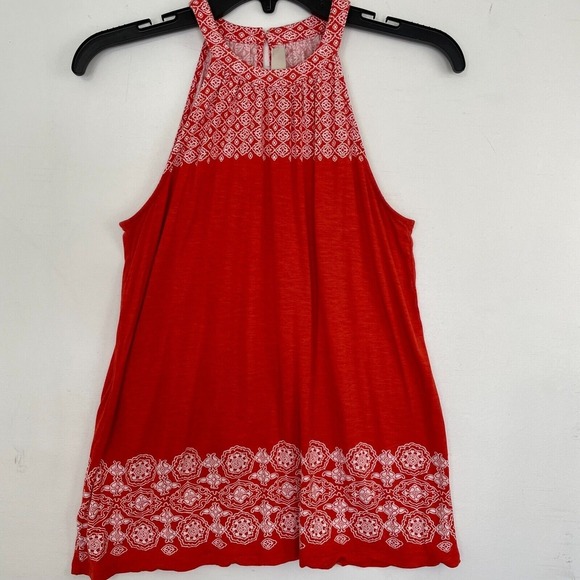 LOFT High Neck Halter Tank Top Women XS Red White Geometric Border Print Knit - Picture 10 of 10